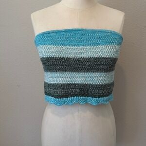 Cotton On Blue Striped Knit Tube Top Scalloped Hem Strapless Crop Medium